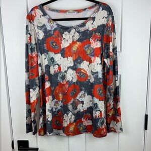 MISS LOOK Women's Floral Long Sleeve Top Red Gray Size XXL d